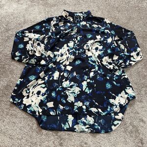 Apt. 9 Blouse Button Up Shirt Womens 1X White Blue Floral 3/4 Sleeve Collared